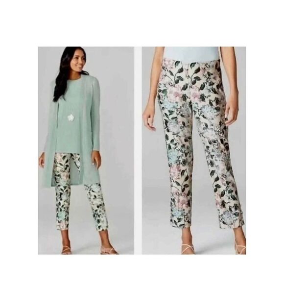 J. jill womens oatmeal floral linen stretch pants sz small side zipper elastic - Picture 2 of 12